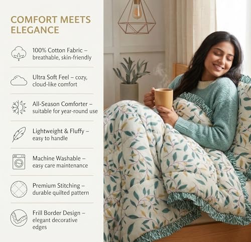 Image of VAS COLLECTIONS Cloud Cotton Reversible AC Comforter for Double Bed (88x90 Inch) 220 GSM Lightweight Quilt /Duvet /Dohar with 2.5 Inch Frill Border, Super Soft All Season Blanket (Light Yellow)
