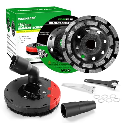 WORKEASE Grinding Dust Shroud for Angle Grinder 4.5-5 inch 2 PCS 5 inch Diamond Cup Wheels & 360 Detachable Connector Universal Surface Grinder Dust Shroud for Concrete Cement Marble Granite