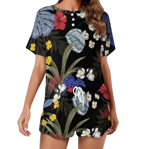 Pyjama pour femme manches courtes en motif feuille de fleur bleue pour l'été