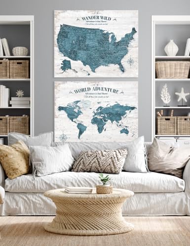 Image of IPIC Vintage Teal World Maps for Wall, World Map Canvas, Size 30x24 in