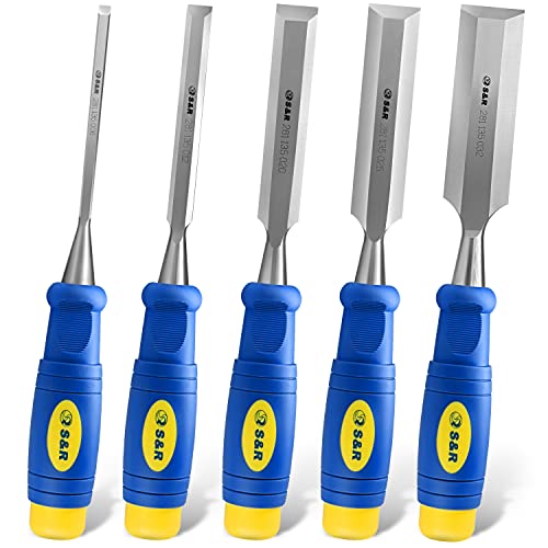 S&R Ciseaux Burin à bois Coffret 5pcs :6, 12, 20, 25, 32mm, poignées multi-composants, utilisation professionnelle, dans un coffret transparent.