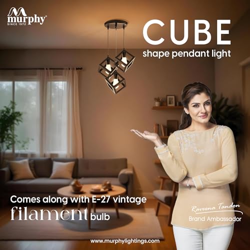 Image of Murphy Metal Cube Shape Pendant Light with Bulb -Set of 3, Pack of 2|Hanging Ceiling Light with Braided Cord|Decorative Chandelier for Home, Living Room, Indoor, Outdoor&Bar|Jhumar Lighting (Black)