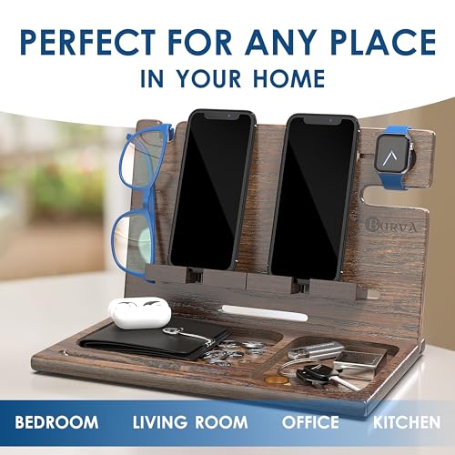 Image of BarvA Two Phone Docking Station | Night Stand Desk Organizer | Wood Nightstand Organizer | Tablet Smart Watch Earbuds Charging Station | Upgraded Dresser Phone Stand | Bed Room Decor Gifts for Men