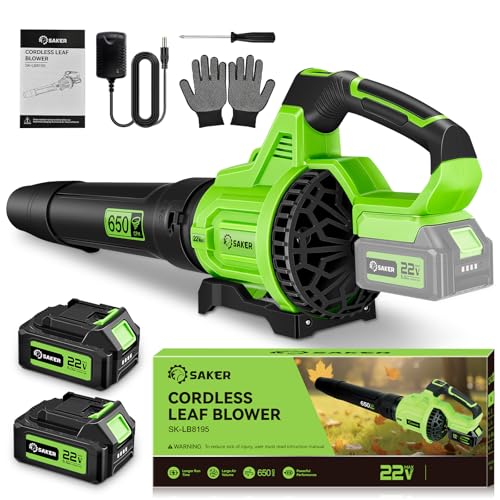 Saker Cordless Leaf Blower 650CFM 22V Electric Blowers with 2x5.0Ah Batteries 3-Speed Lightweight Blowers for Lawn Care