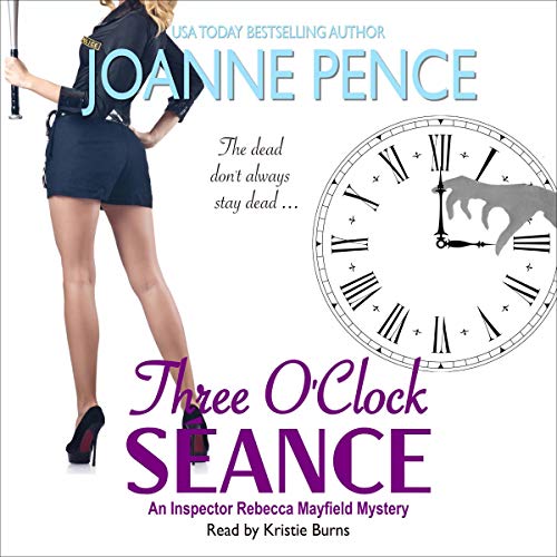 Three O'Clock Séance: An Inspector Rebecca Mayfield Mystery: The Rebecca Mayfield Mysteries, Book 3 depicting the lower body of a female police officer, dressed in shorts, plus a clock