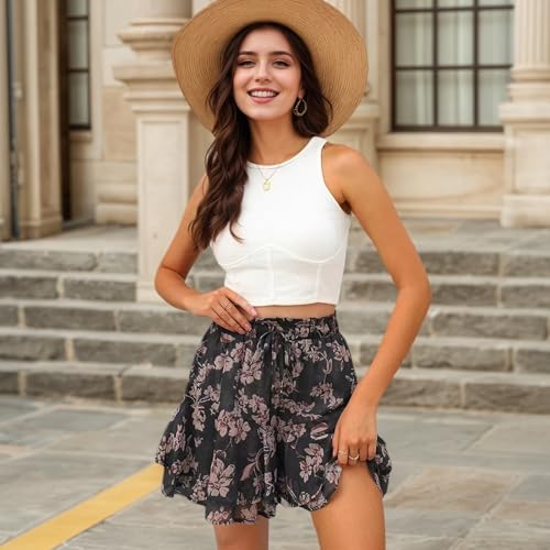 Women's Summer Floral Ruffle Skirt Shorts | Elastic High Waist Boho Skorts | Layered Tiered Chiffon Mini Skirt3