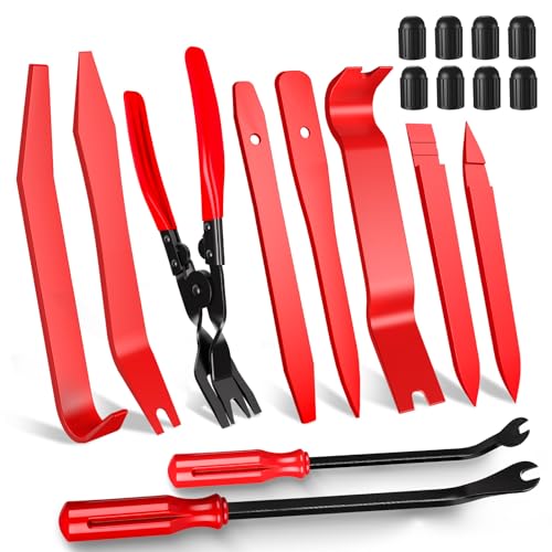 Image of 18 Pcs Auto Trim Removal Tool Kit with Non-Scratch Plastic Pry Tool Fastener Clip Pliers and Tire Caps Valve, Interior Door Panel Clip Removal Set for Vehicle Dash, Red