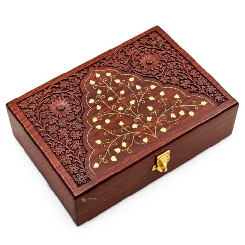 Image of Wooden OM Box for Good Luck| Jewellery Box| Decorative Case| Kit| Vanity| Organiser For Women, Necklaces, cash, gold (12X8 Inches, Crown)