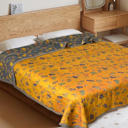 Reversible Ginkgo Quilted Throw Blankets Cotton Muslin Quilted Throw Blankets Soft King Size Throw Blanket Lightweight Breathable Throw Blanket for Couch (59''W*79''L)