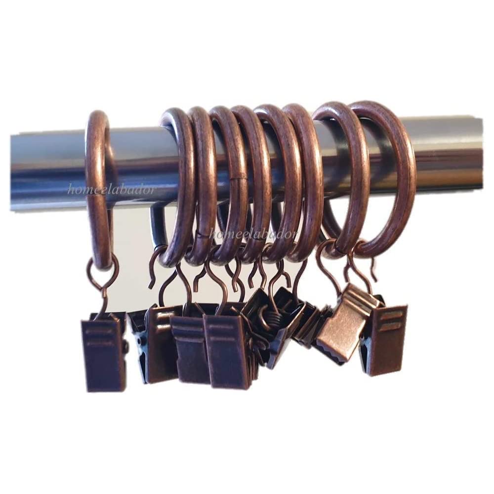 Copper Curtain Rings with Clips 28mm Strong Metal Curtain Hanging Rings Curtain Pole Rings & Clips for Curtains and Rods Pack of 10