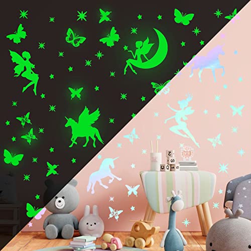 Licorne Fée Étoiles Phosphorescentes Stickers Papillon Fluorescente Lumineuses Autocollants Muraux Enfants Étoiles Fluorescente pour Bébé Fille d'Enfants...