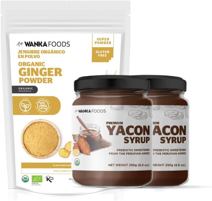 Organic Yacon Syrup, Natural Sweetener Rich in Antioxidants, & Organic Ginger Powder from Peru, 14 Oz or 397g