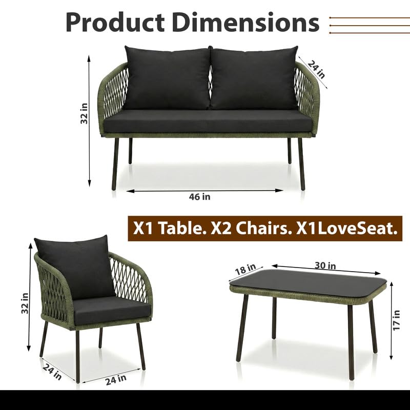 Image of OUTLIVING Braid Rope & Metal Frame Outdoor 4-Seater Sofa Set with Tempered Glass Top Center Table, Water-Repellent Cushions & Handwoven Design for Patio, Garden and Balcony (Green and Black)