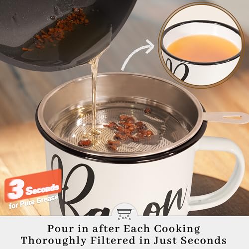 Image of Ayerphalo 24oz Enamel Bacon Grease Container with Strainer, Farmhouse White