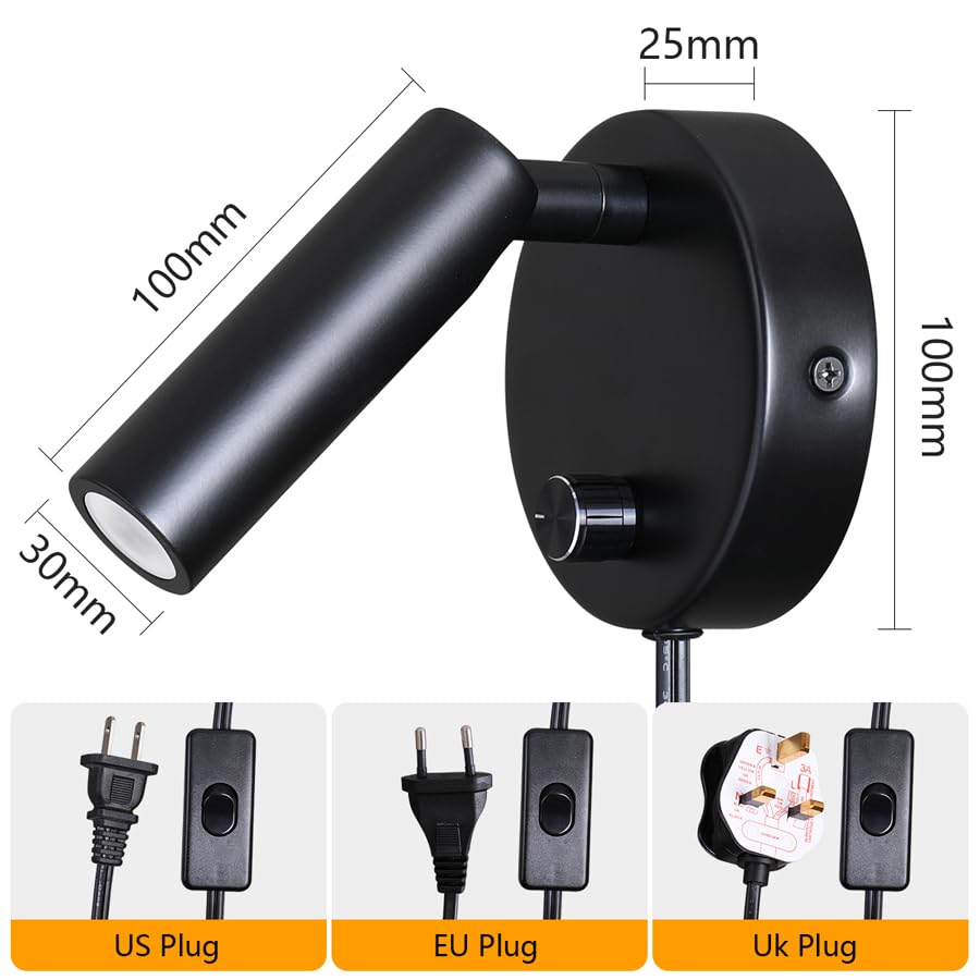 Image of Surface Wall Mounted Reading Light Sconces Lamp Physical Knob Dimmer Switch LED 5W Warm White 3000K (Black Plug Cord)