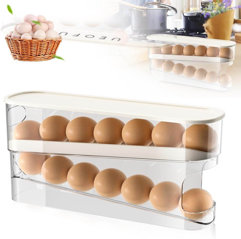 2025 New Egg Holder for Fridge, Egg Organizer for Refrigerator Automatic Scrolling Eggs Rack Holder Rolling Dispenser Stackable Container and Storage for Refrigerator with Lid
