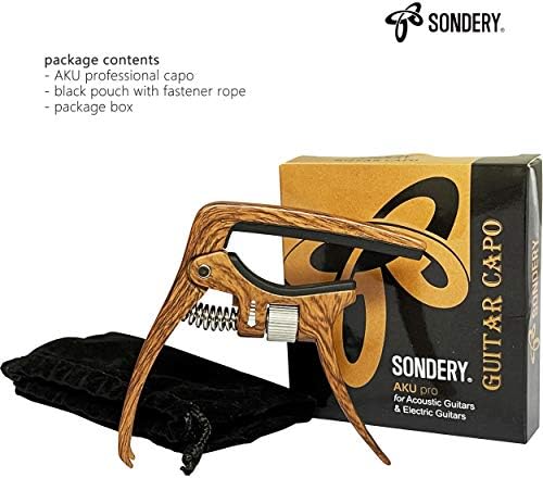 Professional Capo for Acoustic and Electric Guitars, Tension Adjustable for Buzz-Free In-Tune Performance at Any Fret, Extra Function as Strings Pin Puller, Wood Grain Color, Single Hand Use