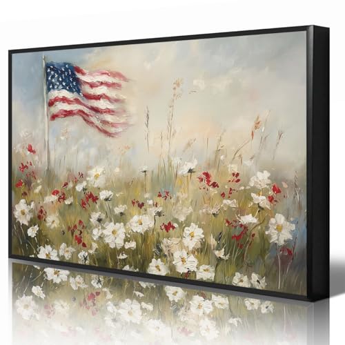 Image of American Flag Canvas Wall Art, 4th of July Patriotic Poster Print, USA Flag and Wildflower Field Landscape Picture, Rustic Independence Day Wall Decor for Bedroom Living Room 24x36in Framed