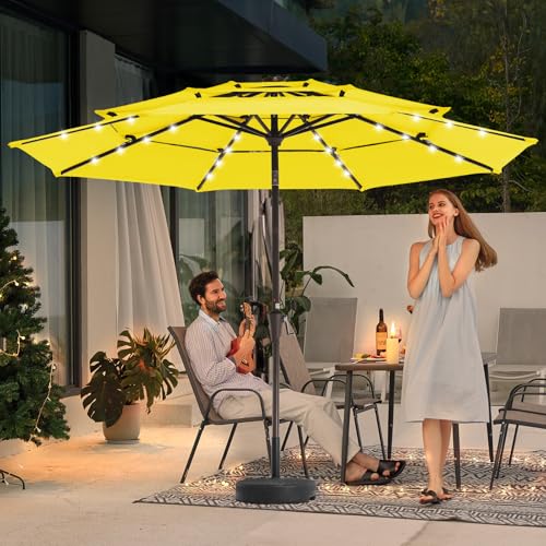 Image of JEAREY 3 Tiers Patio Umbrella with Solar Lights 9ft Outdoor Market Table Umbrellas with Push Button Tilt for Outside Pool Garden, Yellow