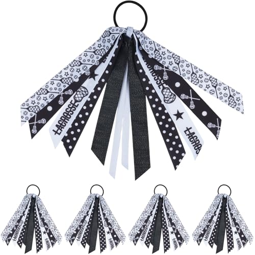 YKW 5 Pack Lacrosse Hair Ties Ribbon Ponytail Holder for Girls - Sports Team Accessories with Stick...