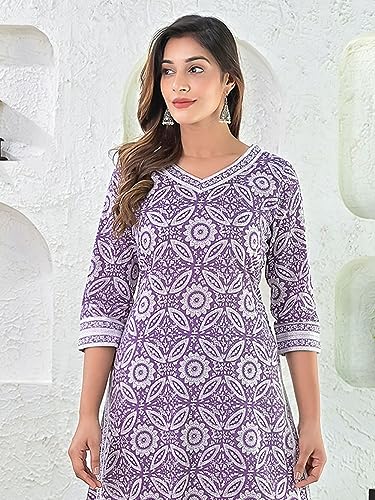 Image of GoSriKi Women's Cotton Blend Straight Printed Kurta with Pant & Dupatta (Nihira Purple-STN-GS 5XL Purple XXXXX-Large)