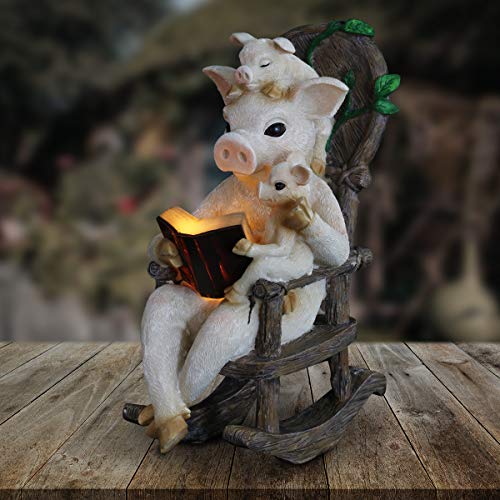 Exhart Solar Pig Family Reading a Book on a Rocking Chair Garden Statue - Bookworm Pigs Mini Figurine w/Solar LED Lights, Pig Decor, Booklovers Pig Statue, Pig Decorations, 6.3\" L x 8.9\" W x 12.2\" H