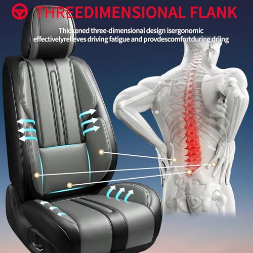 Image of Fit Sierra Car Seat Covers (Only Front 2 Seats) Compatible with GMC Sierra 1500 /2500 /3500 2000-2026-Full Coverage Breathable Leather,Airbag Compatible,Waterproof & All-Weather,Black-Grey
