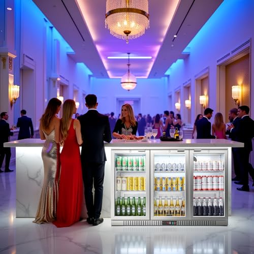 Image of BODEGA BODEGACOOLER Back Bar Cooler, 11.4 Cu.Ft Stainless Steel Commercial Bar Fridge with 3 Glass Doors,Counter Height Bar Beverage Cooler with LED Lighting for Beer,Soda Drinks,Wine