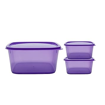 Gluman Square Containers Set of 3 | 100% Food Grade | Dishwasher Safe | Freezer Safe | Microwave Safe | Reusable | Recyclable (Purple, Plastic)