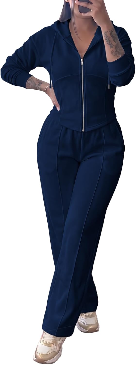 HBQ Women's 2 Piece Tracksuit Full Zip Hoodie and Wide Leg Pants
