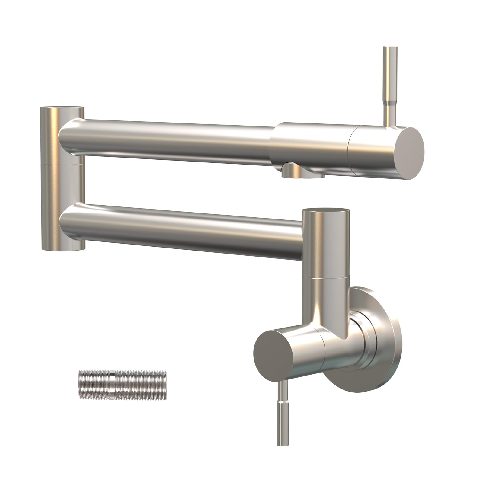 Besdor Grifo de llenado de ollas, de acero inoxidable, níquel cepillado, montaje en pared con brazos oscilantes de doble junta, grifo de cocina plegable de un solo agujero, dos asas, acero inoxidable