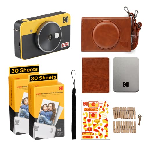 KODAK Mini Shot 2 Retro 4PASS 2-in-1 Instant Camera and Photo Printer (2.1×3.4 inches) + 68 Sheets Gift Bundle, Yellow