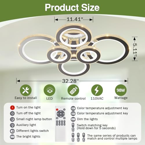 Image of Modern 98W Ceiling Light 6-Rings LED Ceiling Light Fixture with Remote Control Chrome Acrylic Dimmable Flush Mount Stainless Steel Chandelier for Livingroom Dining Room Kitchen Bedroom.