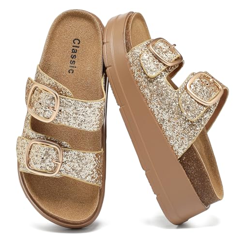 Image of Womens Platform Sandals Cork Footbed with Comfort Double Buckles,Slip on Platform Slides Summer Beach Wide Widths Sandal Shoes