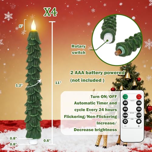 Image of Crystal Club Christmas Tree Flameless Taper Candles, Battery Powered Candles with 3D Flickering Flame Wick & Remote Timer, Real Wax LED Taper Candlesticks for Holiday Christmas Decor, Set of 4