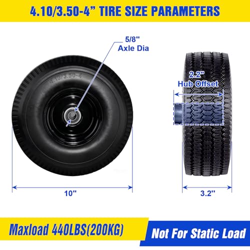 FEILOONG 4.10/3.50-4 Flat Free Tire, 10 Inch Solid Tires and Wheels Replacement with 5/8'' Bearings, 2.2" Offset Hub for Hand Truck, Dolly, Wheelbarrow, Includes Adapter Kit (2 PACK) by FEILOONG - Used condition - Image 3