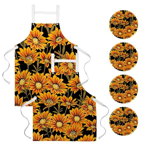 Tablier de cuisine fleur de gazania jaune et rouge avec broches