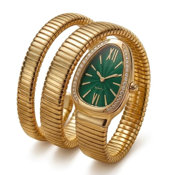 ZAYA Women's Luxury Serpent Single Loop Bracelet Watch | Gold-Plated Analogue Snake Cuff Watch with Emerald Green Quartz Dial and Roman Numerals | Premium Crystal Studded Wristwatch for Girls and Women-image-13