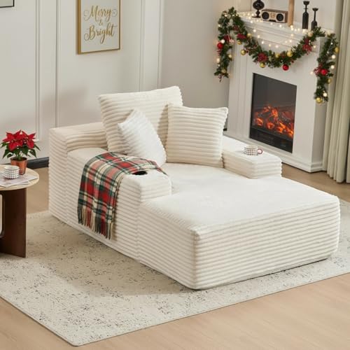 66' Oversized Chaise Lounge Sofa Chair Indoor, Modern Corduroy Single Sleeper Couch Chair with 3 Soft Pillows＆Cup Holder, Boneless Cloud Couch Single Seat Sofa Bed for Living Room Office (White)