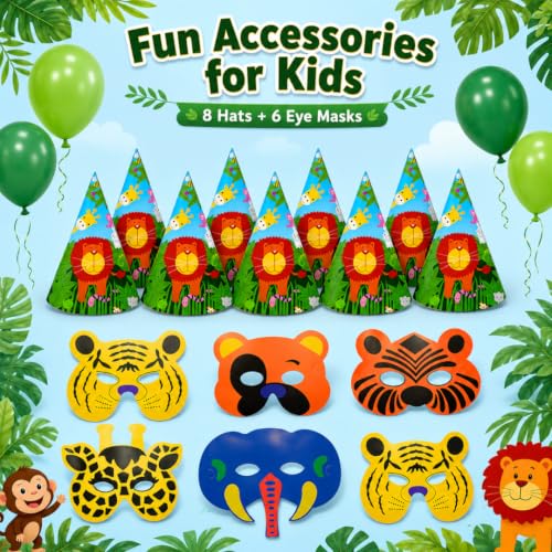 Image of Wanna Party Jungle Theme Birthday Decoration Combo Pack, 35 Pieces | 1 Jungle Happy Birthday Banner, 8 Jungle Party Hats, 6 Jungle Eye Masks & 20 Green Latex Balloons