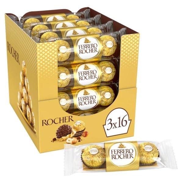 Ferrero Rocher T3 - Pack de 16 Estuches (48 Bombones) | Chocolate Exclusivo con Avellanas Crujientes y Crema de Cacao | Regalo Ideal