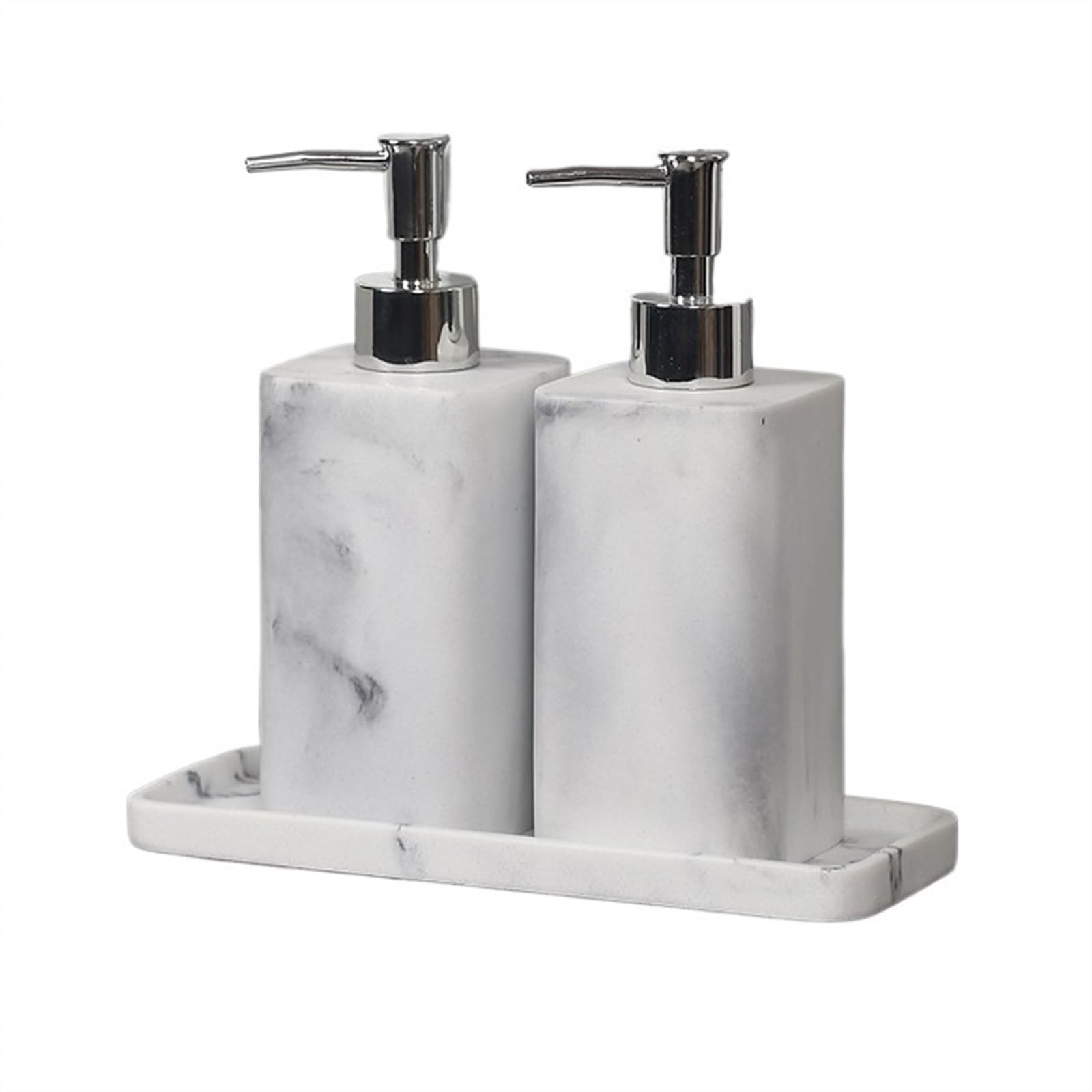 Preuve de Fuite Ensemble de Distributeur de Savon à Texture de marbre, 2 distributeurs de Savon en résine et 1 Plateau, Ensemble d'accessoires de Salle de Bains(Blanc,480ml)