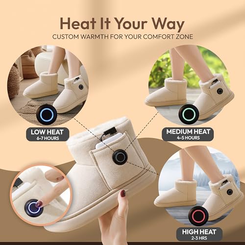 Heated Slippers for Women, Snow Resistant Foot Warmer Shoes For Women, Heated Boots, 3 Temperature Settings, Rechargeable 5000mAh Batteries, Heated Booties for Everyday Wear, Beige4