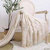 Knit Throw Blanket for Couch Farmhouse Lightweight Soft Cozy Throw Blanket with Fringe Decorative Rustic Small Lap Blanket Throws and Blankets for Bed 50 x 60 Inch, Modern Cable Knit Beige