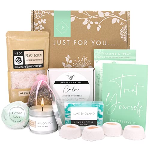 PAMPER & TREAT Gift Hampers For Women - All Occasion Gifts for Her Handmade in the UK by 6 Small Businesses: Shower Steamers, Candle, Bath Bomb & More - Gift Ideas for Women by Luxe England