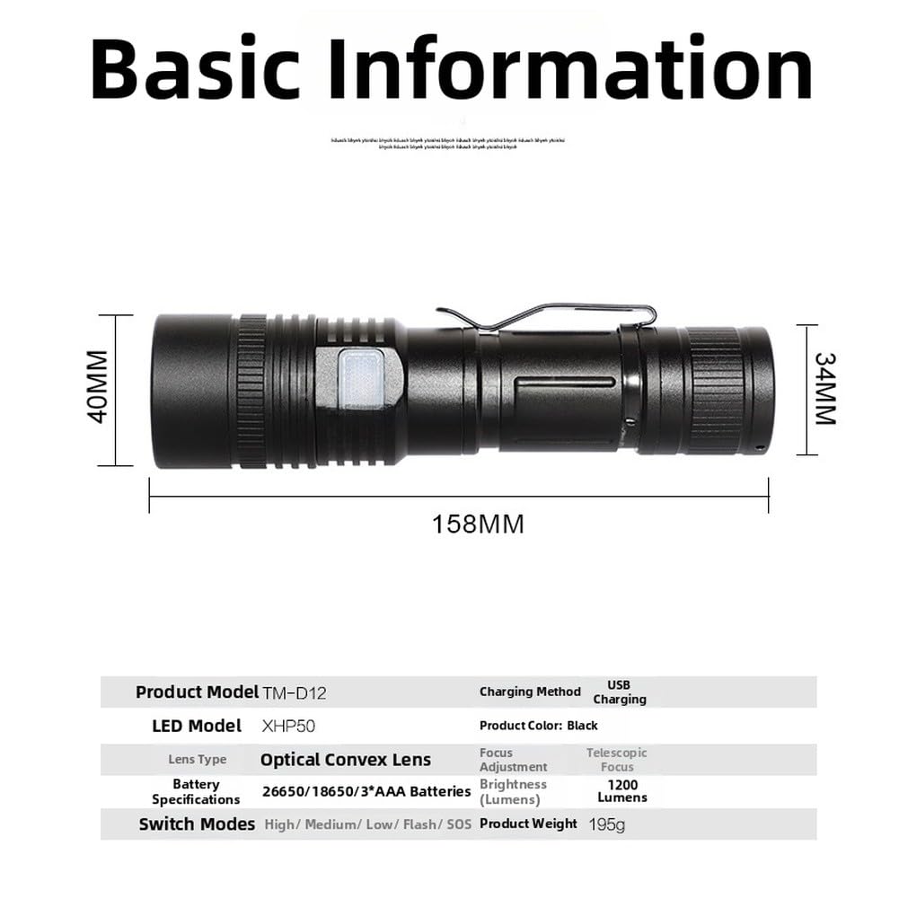 XHP50 LED Taschenlampe, 1200 Lumen USB Wiederaufladbar mit Zoom und 5 Modi, für Camping Wandern Notfall