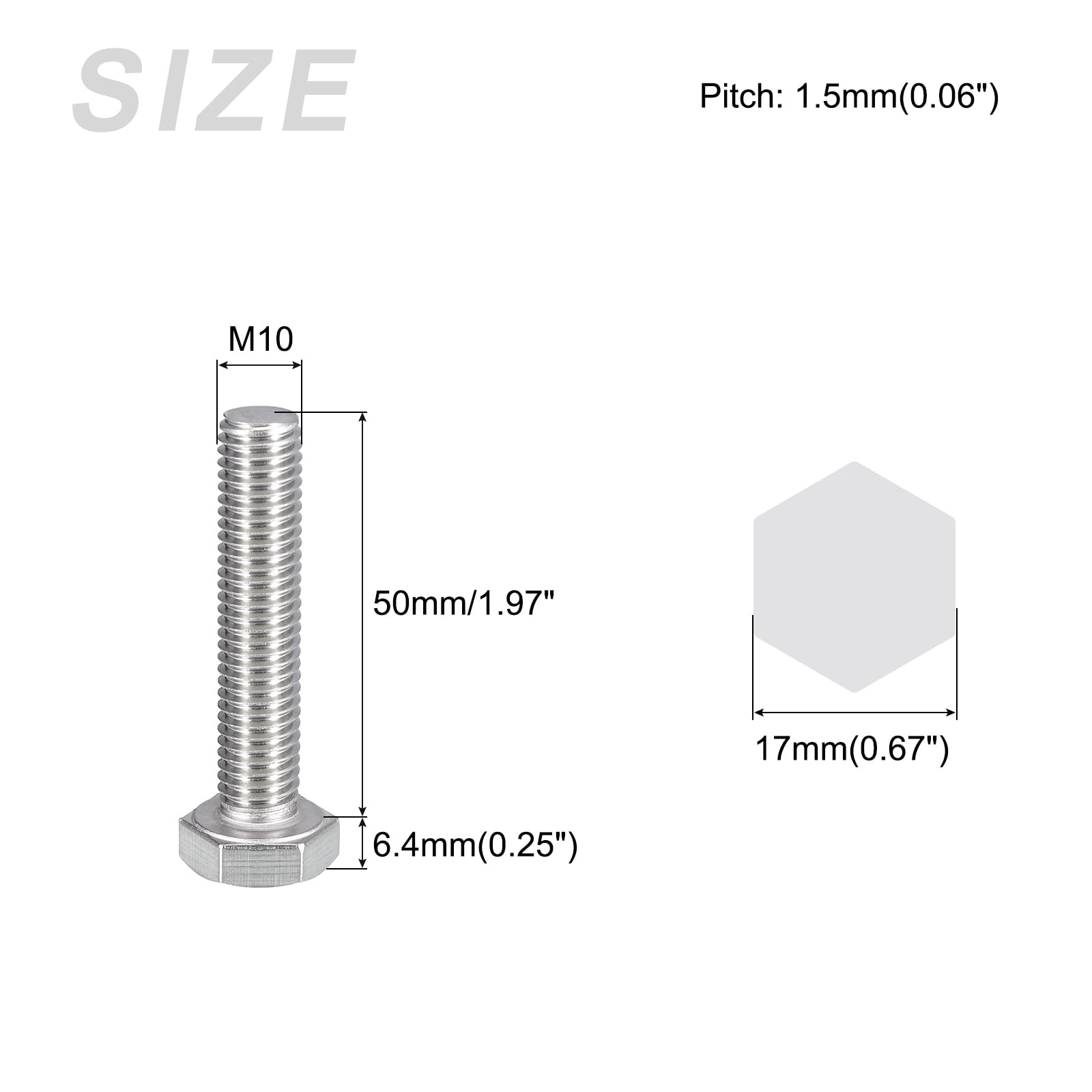 METALLIXITY Hex Bolts (M10-1.5x50mm) 5Pcs, 304 Stainless Steel Coarse Fully Threaded Hex Head Screw Bolt Machine Screws - Image 2
