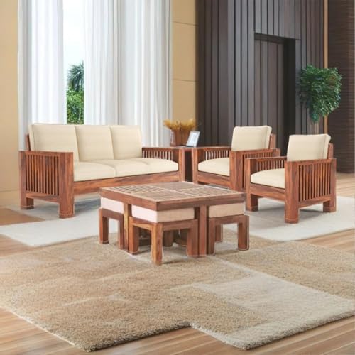 Image of Solid Sheesham Wood Dhara 5 Seater Sofa Set | Wooden 3+1+1 Seating Sofa Set for Living Room, Guest Room, Office, Home Furniture with Cushions (Honey Finish)