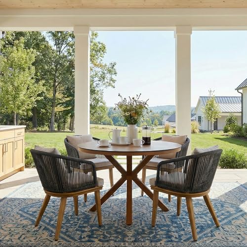 Image of PURPLE LEAF 5 Pieces Patio Dining Set Wicker Outdoor Furniture Oversize Round Table and Chairs Set for Garden Deck Teak-Finish Aluminum Frame Backyard Kitchen Set, Cushions and Pillows Included