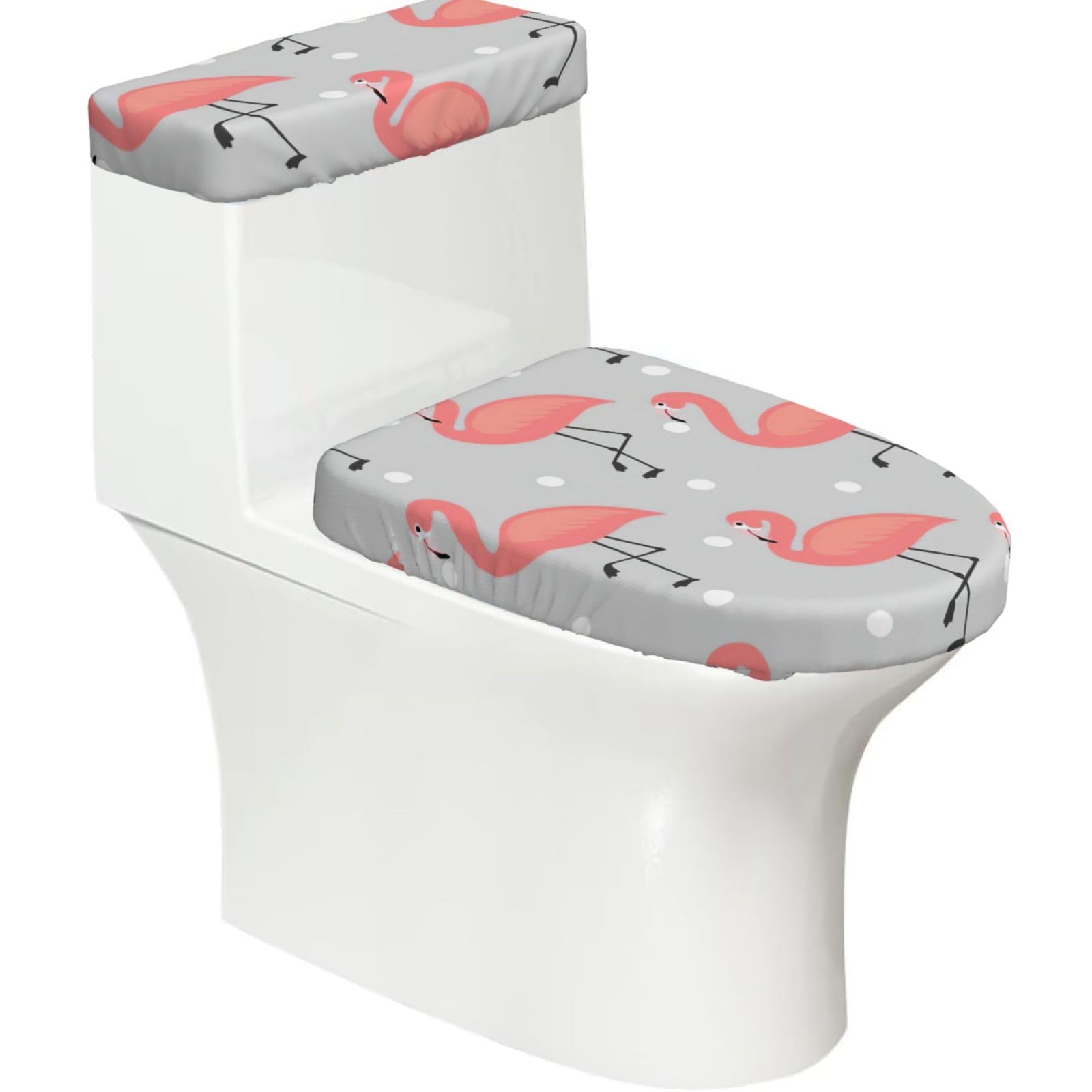 Flamingo Print 2-Piece Stretch Toilet Cover Set, Elastic Breathable Toilet Seat and Tank Lid Protector
